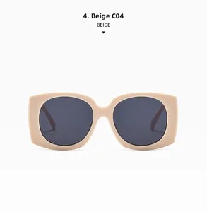 Detail view of beige oversized square sunglasses with dark grey lenses, model C04