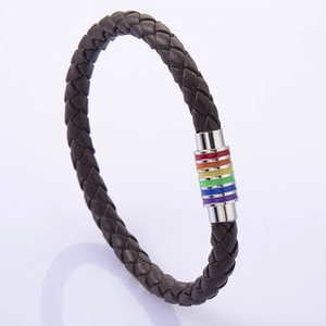 Close-up of brown braided leather bracelet with rainbow enamel magnetic steel clasp