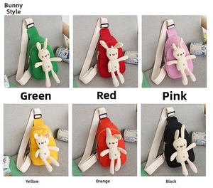 Detail view of colorful children's canvas chest bags with cute 3D bunny plushies
