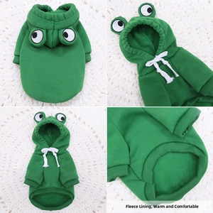 Detail of frog-themed pet hoodie with fleece lining and cute 3D frog eyes for warmth