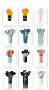 Macro display of silicone kitchen utensil sets with wooden handles in multiple colors