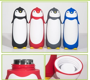 Detail view of penguin kids vacuum flask showing leak-proof seal and screw mouth design