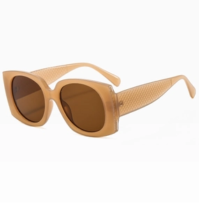 Detail of square sunglasses showing wide temples with a textured lattice grid pattern
