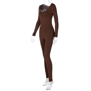 Detail view of coffee brown long sleeve slim-fit bodysuit with elastic seamless fabric
