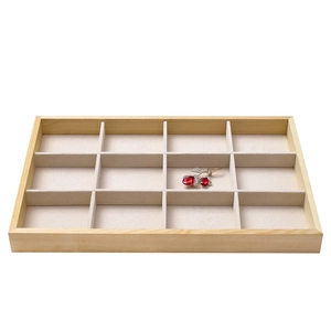 Minimalist 12-slot wooden jewelry display tray with beige velvet lining and solid wood frame
