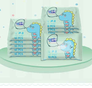 Close-up of portable baby wipes pack with EDI pure water and cute dinosaur design