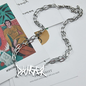 Silver hip hop double layer titanium necklace with Danger letter pendant on cards