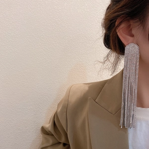 Close-up of elegant silver tassel drop earrings with sparkling rhinestones on a female model