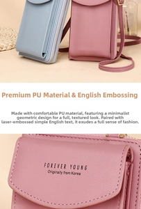 Close-up of pastel PU leather mobile phone crossbody bag with Forever Young metal zipper detail