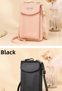 Detailed view of pink and black crossbody phone bags with Forever Young logo and PU leather texture