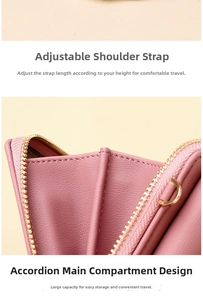 Detail of pink leather phone bag featuring adjustable straps and gusseted main compartment