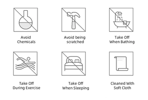 Guide showing icons for jewelry care like avoid chemicals and take off when bathing