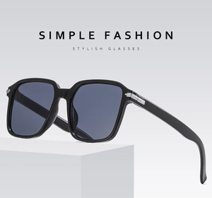 Close-up of black square sunglasses frame with silver metal hinge details and blue lenses