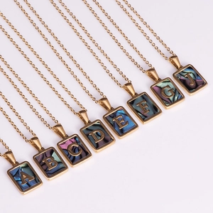 Gold stainless steel square alphabet necklaces with iridescent shell inlay pendants