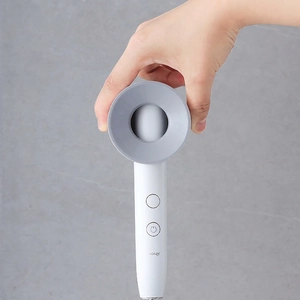 Portable bladeless handheld fan with minimalist white handle and gray funnel air outlet