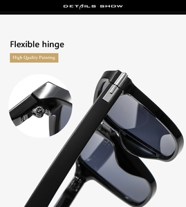 Detail of premium flexible metal hinge and high quality glossy painting on black sunglasses