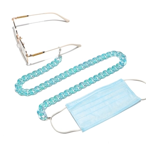 Light blue iridescent acrylic chain shown as both a glasses strap and mask holder strap
