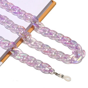 Close-up of iridescent purple acrylic glasses chain with anti-slip silicone loops