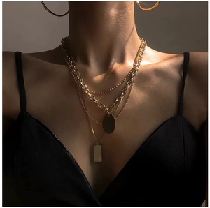 Minimalist Stainless Steel Multi Layered Necklace For Women Vintage Geometric Round Rectangular Pendant Gold Silver Plated Jewelry