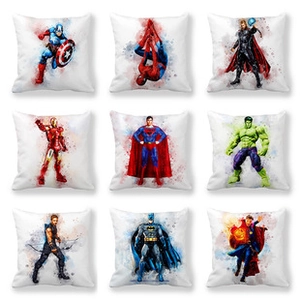 Detail of nine superhero watercolor art cushion covers in a 3x3 grid display