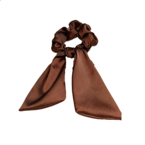 Elegant brown satin bow hair tie scrunchie with long ribbons and glossy silk texture