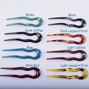 Set of 8 colorful resin U-shaped hair pins in solid colors and leopard print patterns