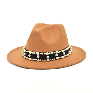 Caramel wool fedora hat with elegant pearl embellishments and black ribbon band