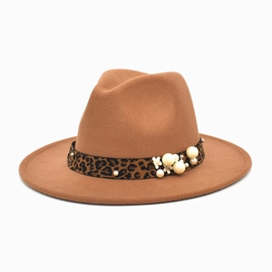 Elegant dark brown fedora wool hat with leopard print ribbon and pearl floral accents