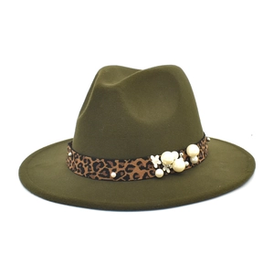 Olive green wool fedora hat with leopard print band and pearl floral accents