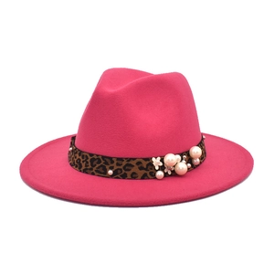 Rose pink wool fedora hat featuring leopard print ribbon with pearls and flower accents