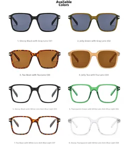 Detailed grid showing square sunglasses and anti-blue light glasses in various frame colors