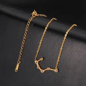 Collier constellation du zodiaque en acier doré avec diamants sur cuir noir