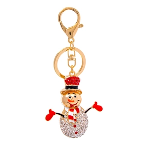 Sparkling Christmas snowman keychain with gold plating and white crystal rhinestones