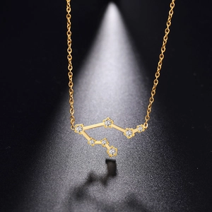 Détail d'un collier pendentif zodiaque doré orné de zircons blancs sur fond noir texturé