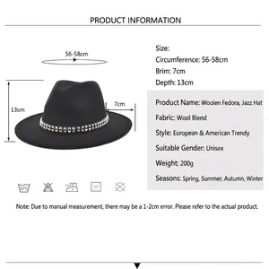 Classic black wool fedora hat with silver stud band and size specifications overview