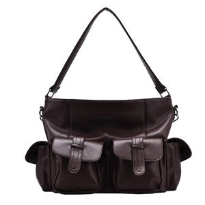 Retro deep brown leather tote bag with functional multi-pocket design on white background