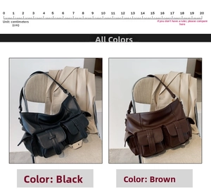 Detailed comparison of large black and brown utility tote bags with multiple pockets