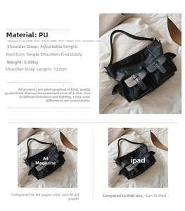 Detail showing dimensions and capacity of black PU leather work tote with A4 size fitting
