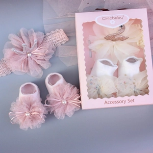 Detailed gift set with pink lace crown headband and flower beaded baby socks