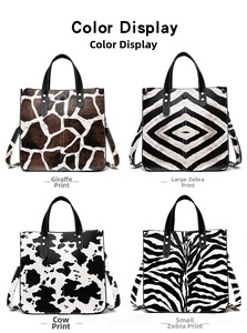 Detail view of four animal print tote bags including deer, zebra, and cow textures