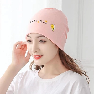 Pink cotton maternity hat for women with cute little bee embroidery and soft knit texture