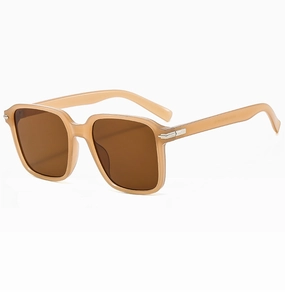 Detail of nude square sunglasses with tinted brown lenses and silver hinge accents