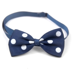 Close-up of blue polka dot pet bowtie featuring adjustable elastic strap and ribbed texture