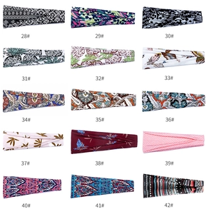 Detailed catalog of fifteen elastic yoga headbands in various colorful boho and floral prints