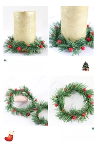 Detailed view of Christmas candle ring with realistic red berries and green pine needles