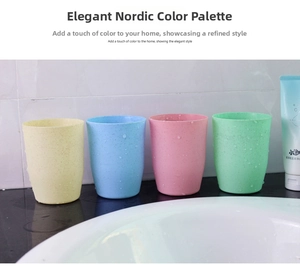 Macro detail of four matte pastel Nordic style mouthwash cups with wheat straw texture