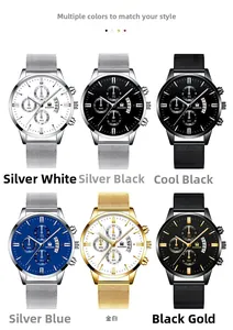 Detailed view of six men's business watches with stainless steel mesh bands and calendar dials