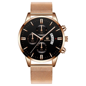 SHAARMS men's rose gold stainless steel mesh watch with black dial and calendar