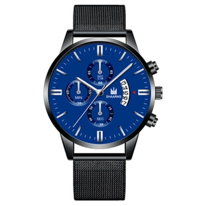 Detail of blue dial quartz watch with date window and black mesh stainless steel strap