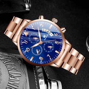 Men's rose gold stainless steel quartz watch with blue dial and calendar display